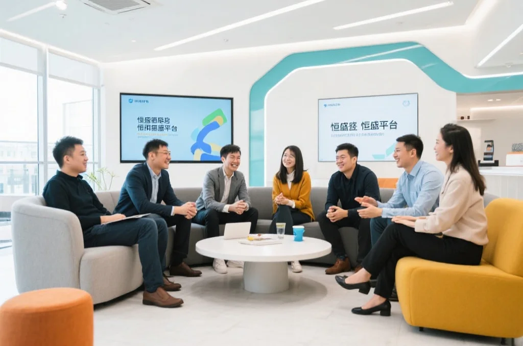 多人围坐在明亮的休闲区，正在愉快地交流恒盛娱乐平台的使用经验，背景有现代化装饰